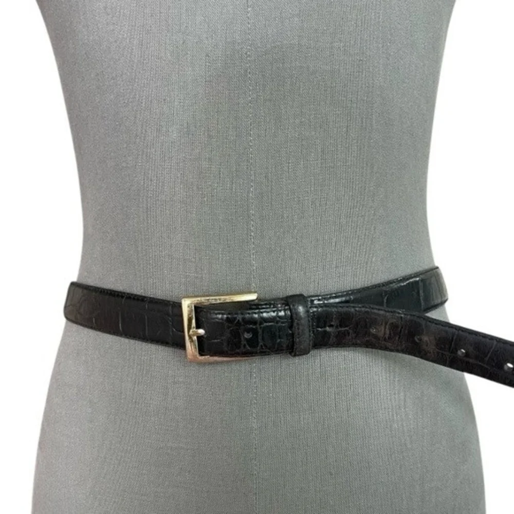 Men’s Belt JOS. A. BANK Black Croco Pattern Genuine Italian Leather Gold Buckle